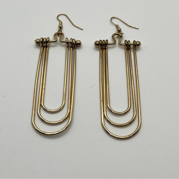Gold Tone Nested Curve Wire Earrings Gear head Statement Dangle Pierced - Picture 7 of 7